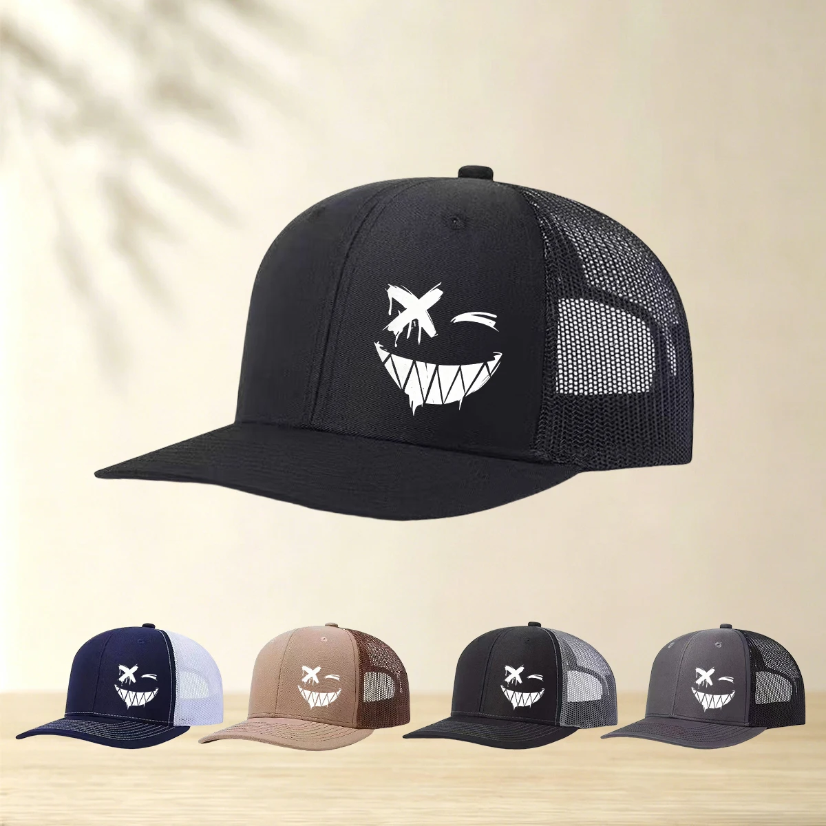 1PC Creepy Grin X Eyes Pattern Truck Hat Breathable Mesh Back Buckle Men's and Women's Outdoor Baseball Hats