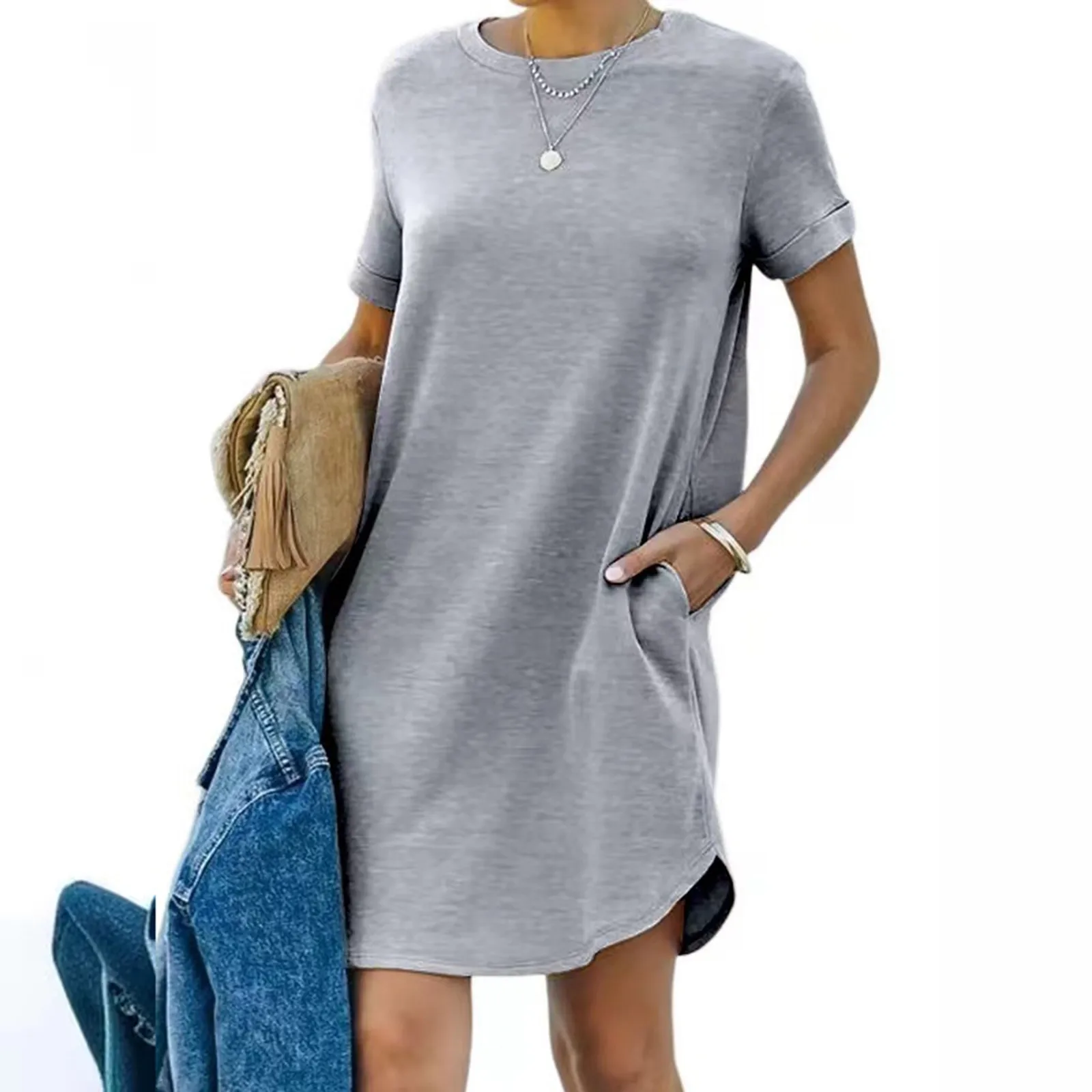 

Women's Dress 2024 Summer Solid Colour Short Sleeve Causal Mini Dresses Loose Versatile Round Neck A Line Dress With Pockets