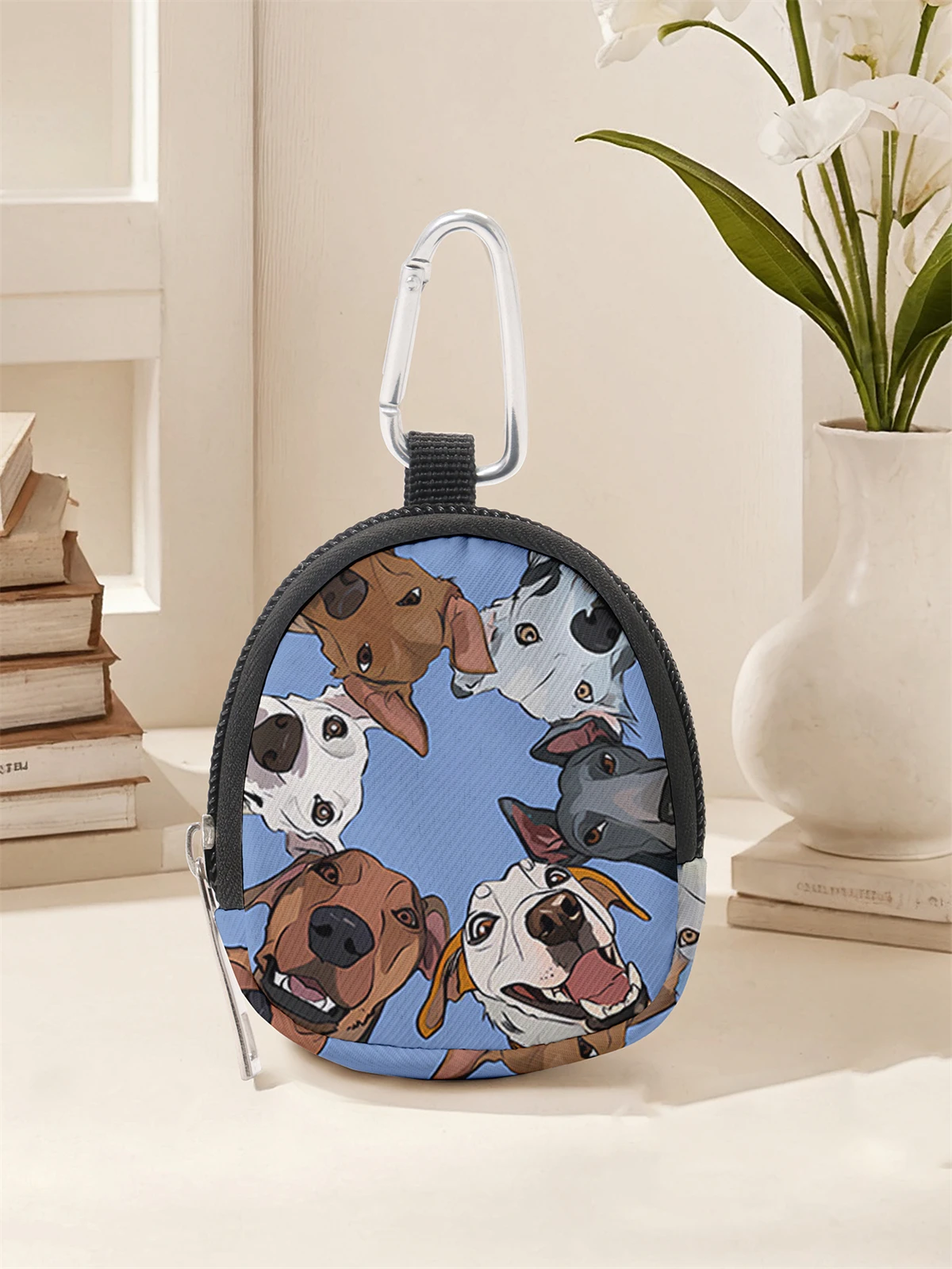 Dog pattern printed mini wallet, zipper change bag with hook clip, headphone key bag, suitable for men and women