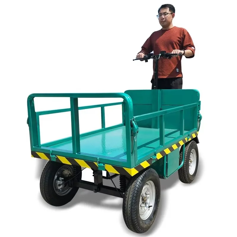 Electric four-wheel multi-functional trolley cart with double disc brake system for cargo handling or transportation