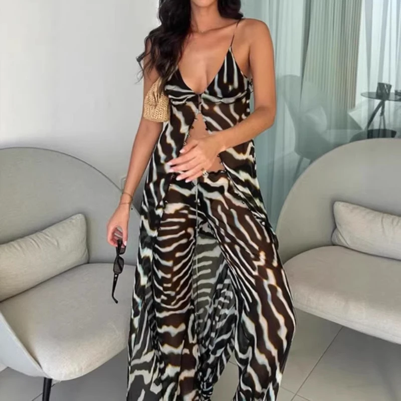 

Elegant Lady Chiffon Loose Vacation Sets Summer Casual Sleeveless Hollow Beach Set Vintage Stripe Printed V-neck Vest&Pants Sets