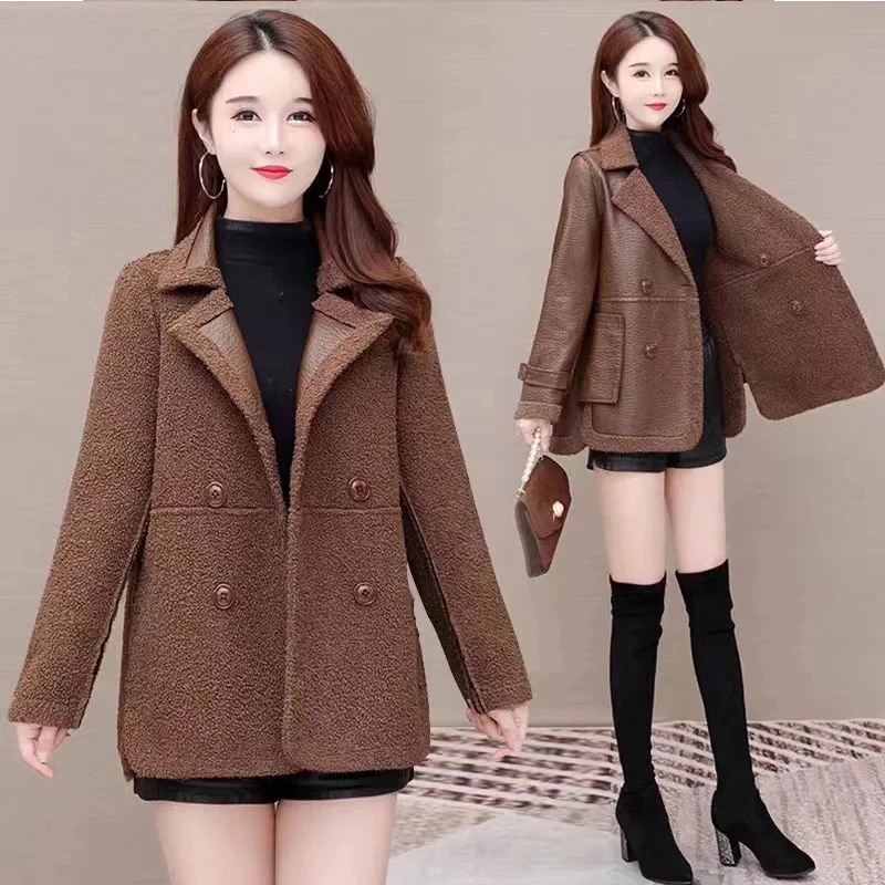 Korean Ladies Patchwork PU Leather Coat Winter Femme Large Size 5XL Leather Outwear 2026 Women Double Sided Faux Leather Jacket