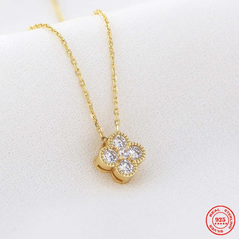 

YIZIZAI 925 Sterling Silver Minimalist White Zircon Four-leaf Clover Pendant Long Chain Delicate Women Valentiens FIne Gifts