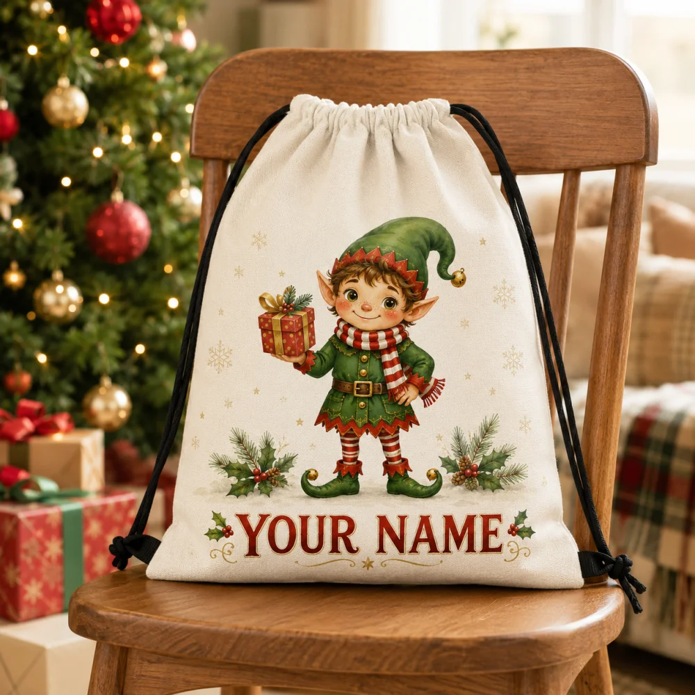 Custom Name Christmas Elf Drawstring Backpack, Polyester X‑mas Holiday Sack Bag, Festive Gift Storage Shoulder Bag