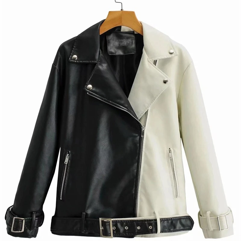 Ueteey Frühling Herbst Revers Spleißen Pu Leder Jacke Frauen Moto Frenulum Faux Weiche Leder Mantel Casual