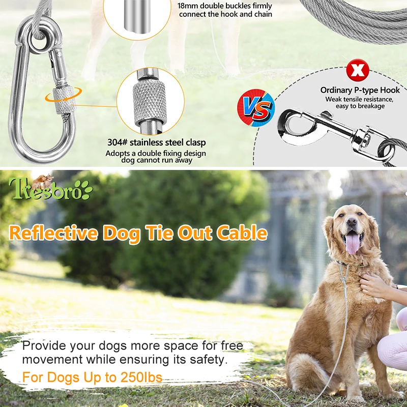 Dog Tie Out Cable,10/20/30/50/100 Feet Dog Leash, Yard Walking Leash, Wire Dog Leash with Premium Clip for Dogs Under 150 lbs