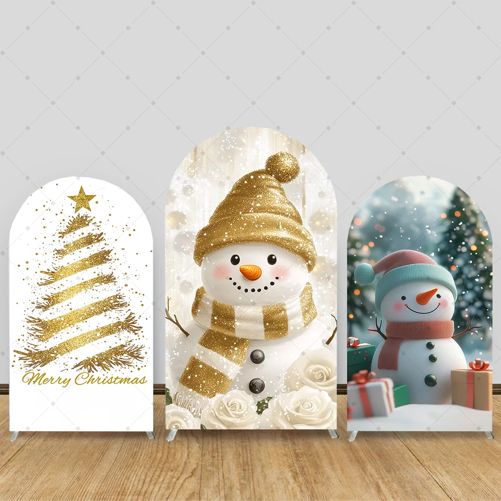 

Snowman Christmas Arch Backdrop Cover Winter Snow Santa Claus Golden Shiny Xmas Tree Kids Party Decor Festival Photo Background