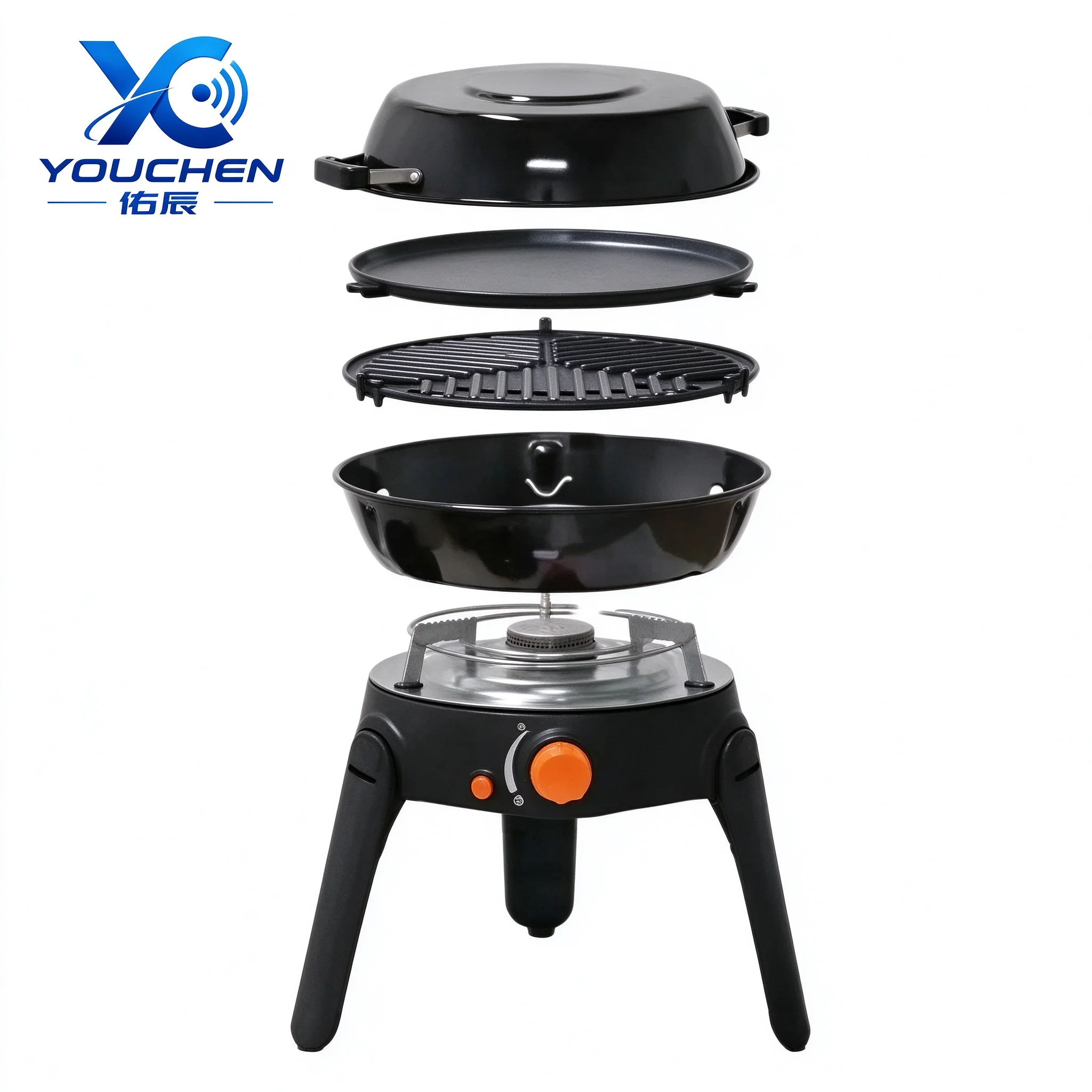 Portable Butane Gas Stove Multifunction Outdoor Camping BBQ Grill Foldable Electronic Ignition with Enamel Pot Griddle and Carry