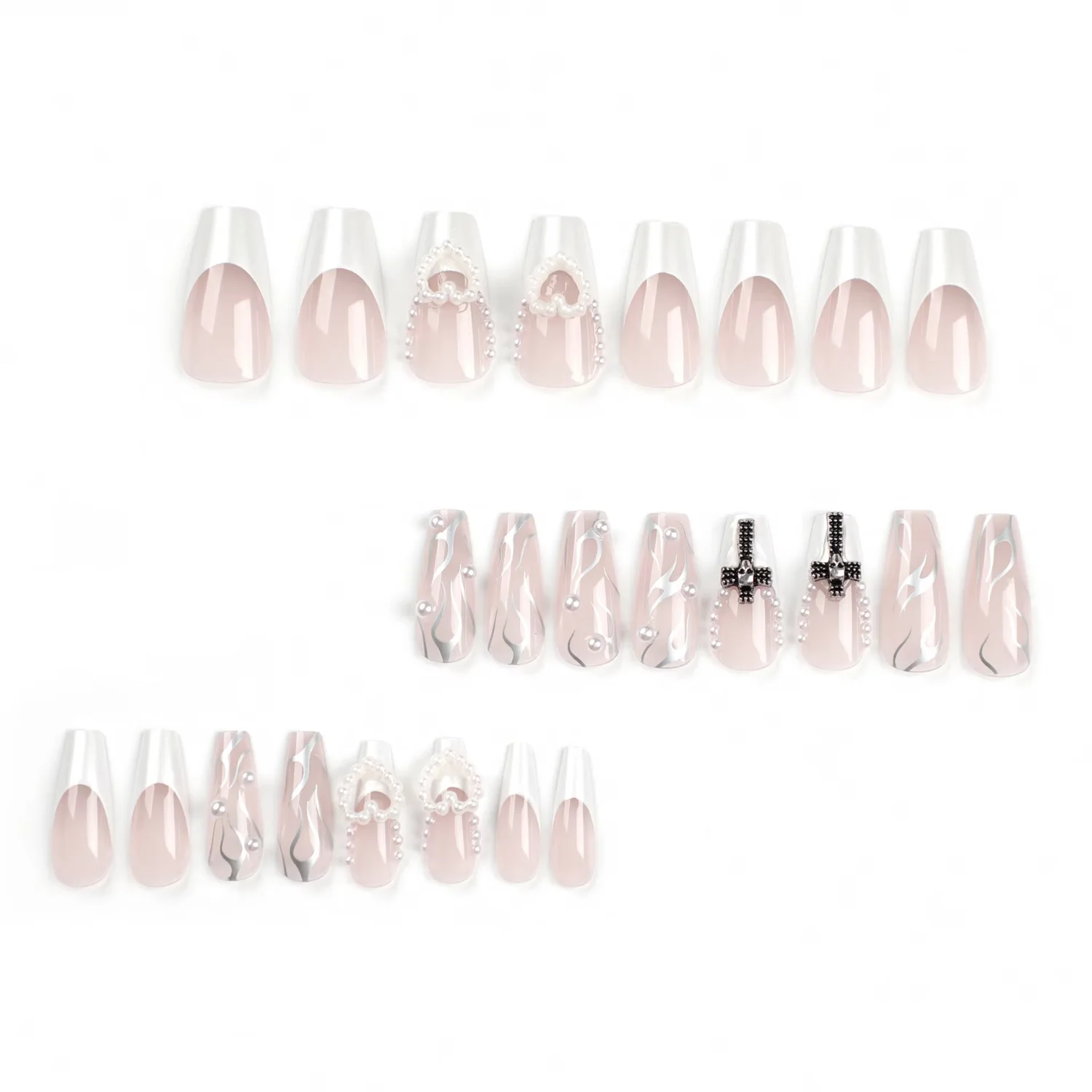 .Miemie Design 24-Piece Reusable ABS Long Coffin Artificial Nails with  Inlay Silver Skull  for Finger Application