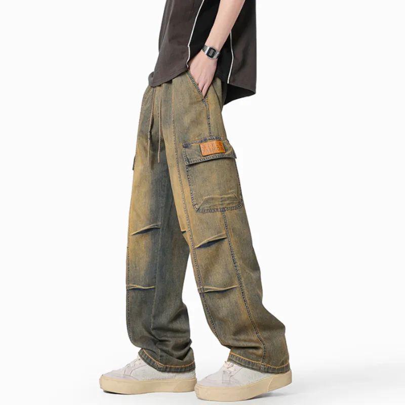 Primavera/Estate Nuovi jeans da lavoro vintage per uomo High Street Pantaloni da tuta in denim taglie forti lavati e strappati tinti in fango giallo