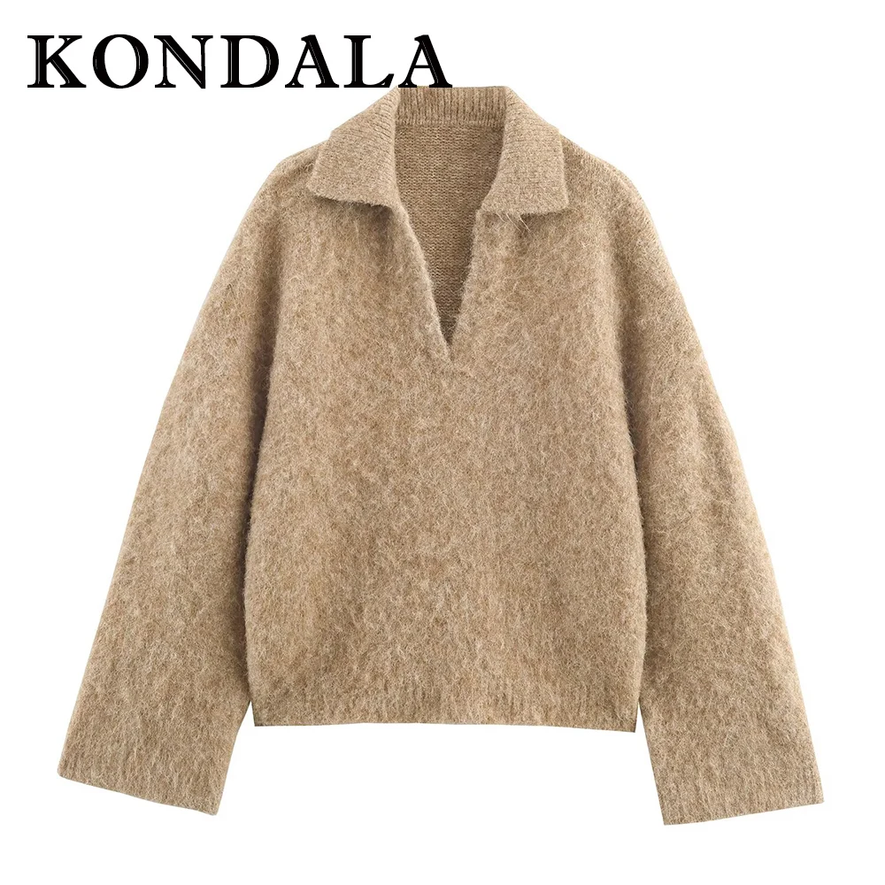 

KONDALA винтажный осенний модный свободный свитер цвета хаки с длинными рукавами 2025, шикарный повседневный уличный свитер с отложным воротником, однотонный женский трикотаж