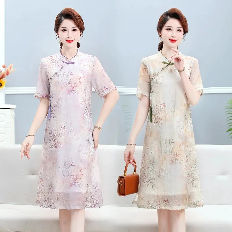 

Summer New Female Dress Chinese Mom Improved Cheongsam Dresses Women's Loose Temperament Cover Belly Short Sleeve Dress Elegant