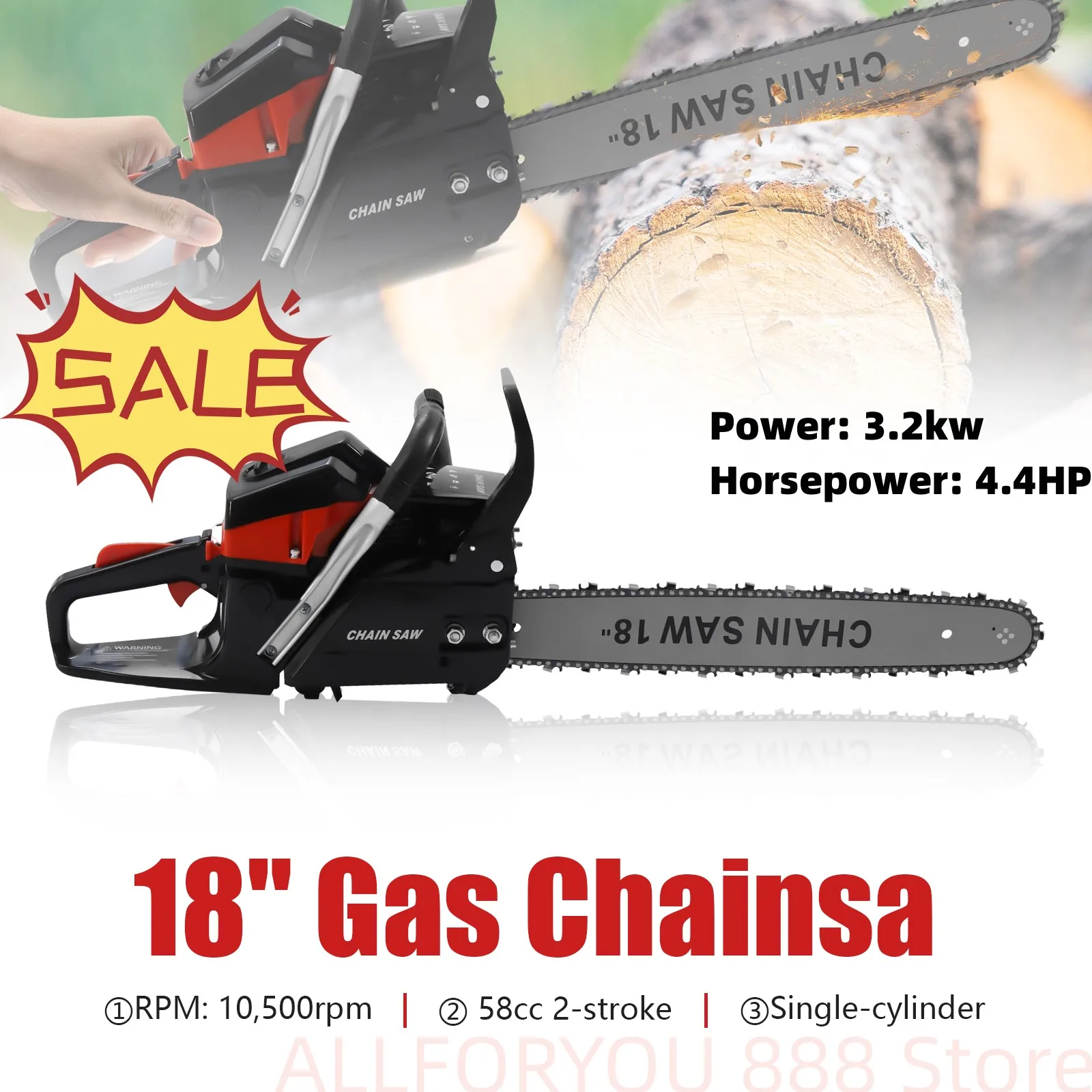 18 Inch 58CC Chainsaw Gasoline Powered Engine 2 Stroke Gas Chain Saw Garden Wood Cutting Tool 4.4hp