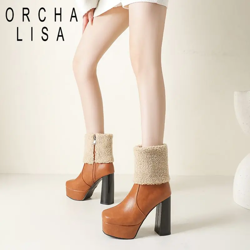ORCHA LISA Beige Womens Low Cut Shoes Box Toe 12cm Sturdy Heel 4cm Elevated Sole Zipped Extended Size 45 46 47 48 49 50 Booties