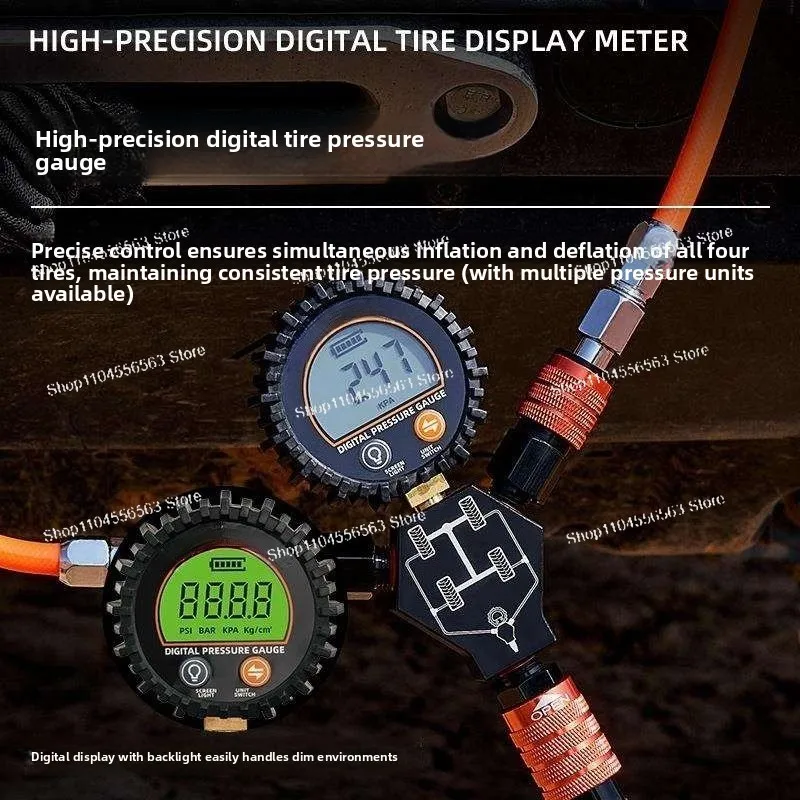 4-Wheel Inflation/Deflation Hose Quick-Flow High-Volume Inflation Kit Digital Pressure Gauge Simultaneous Inflation/Deflation