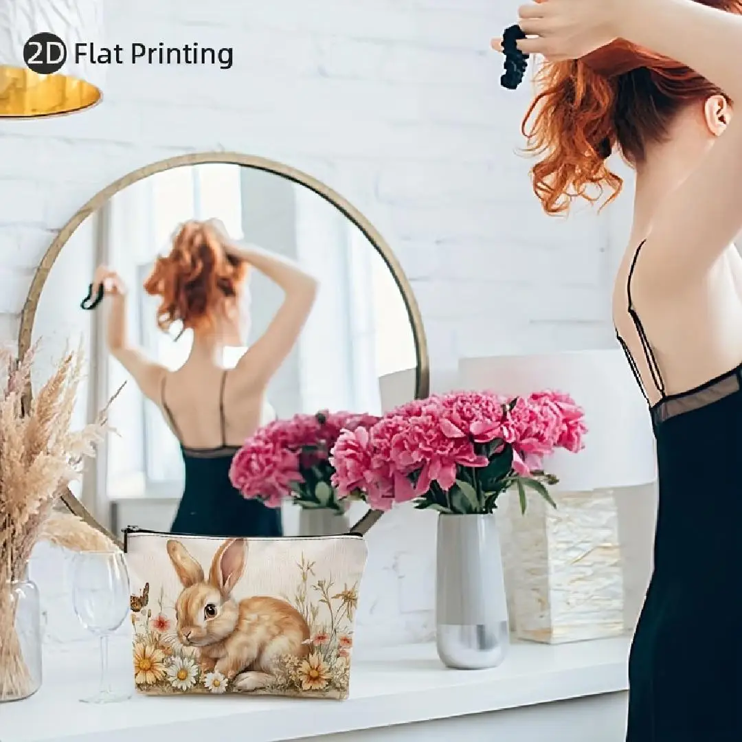 Bolsa de maquiagem com estampa floral e coelho encantador – bolsa multifuncional com zíper, bolsa de armazenamento de joias, zíper de viagem perfeito pequeno sto