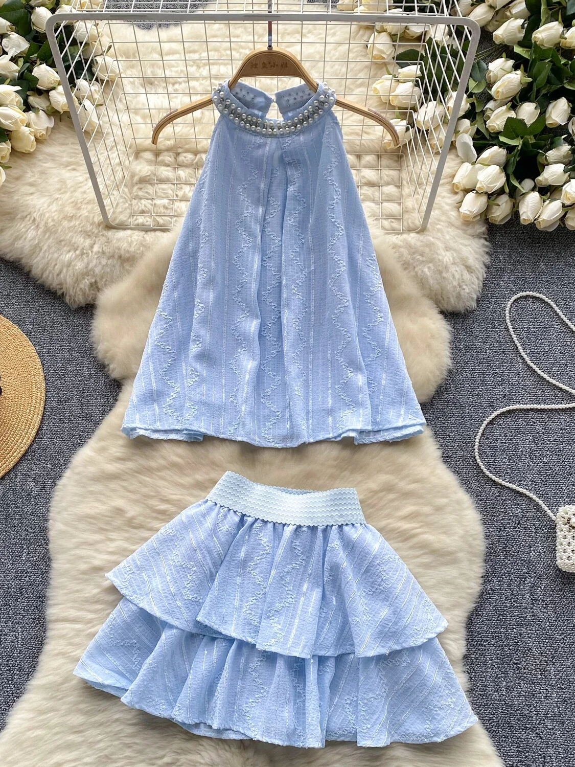 Gagaok Sweet Two Piece Set Women Beaded Round Neck Halter Sleeveless Top+high Waisted Slim A Line Skirt Korean Fashion Clothing