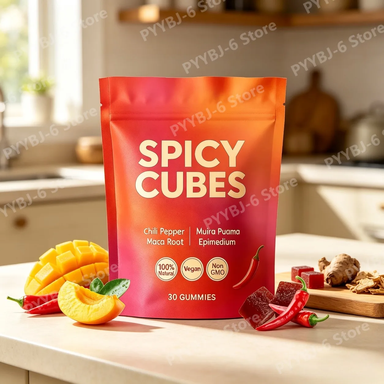 Spicy Cube Gummies for Him 30PCS Men Daily Wellness Supplement Calm Mood Support Natural Herbal Care for Energy & Vitality