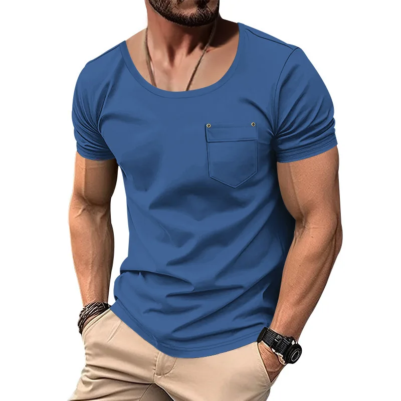 Men Summer Solid U Neck Short Sleeve T Shirt Rivet Decor Chest Pocket Slim Fit Casual Basic Tee