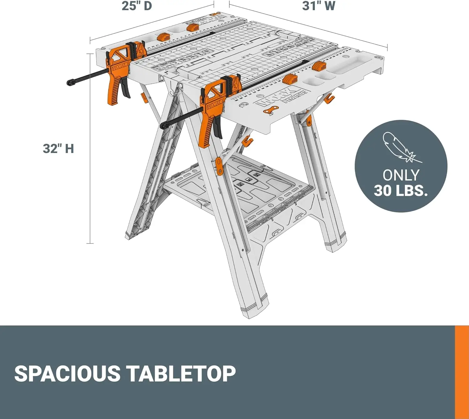 Worx Pegasus-Table de Travail Pliante et Sawhorse, Établi Portable Facile à Installer, Table de Travail Légère, 2 en 1, 31 "W x 25" D x 32 "H