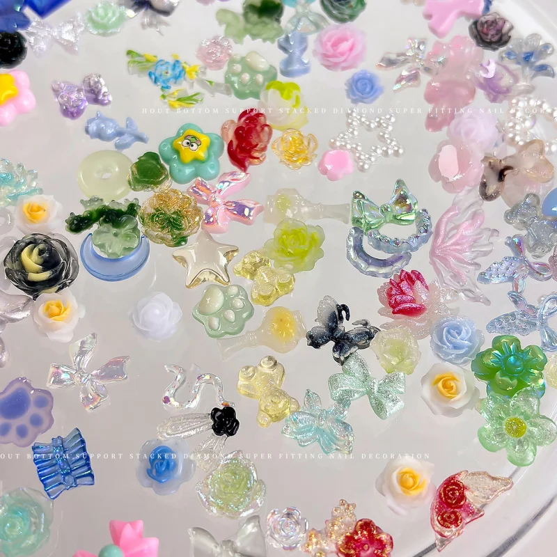 20g/Bag 3D Mini Mixed Ice Transparent Iridescent Camellia Nail Decor Mixed Pearl Heart Star Moon Resin Nail Art Accessories