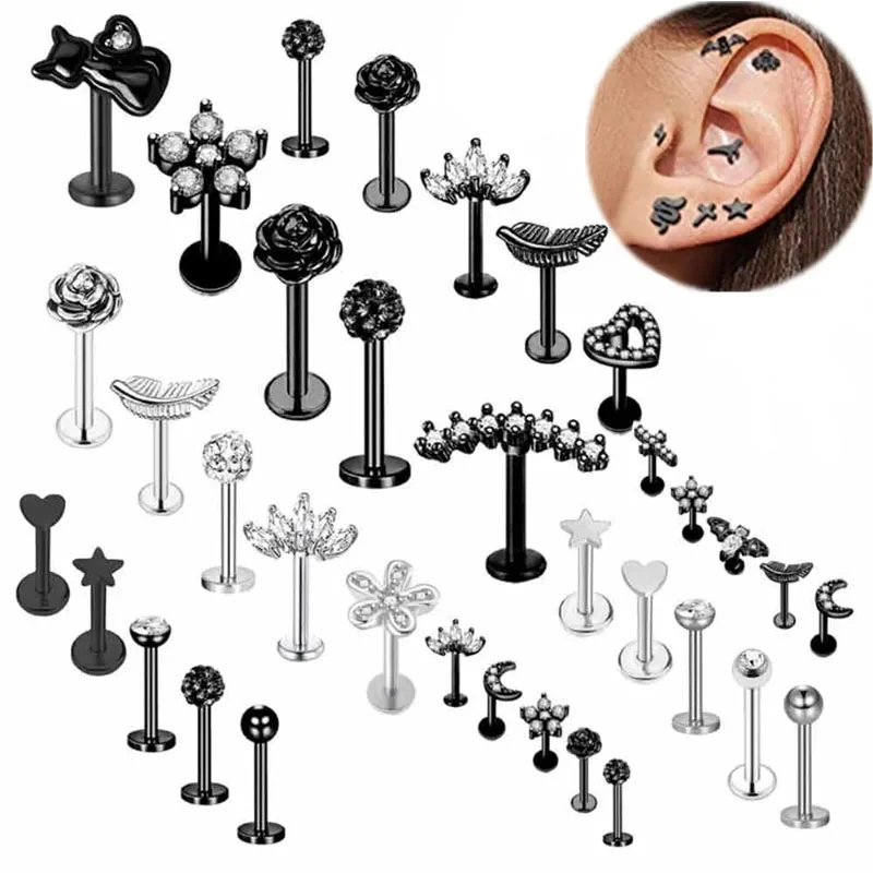 5PCS Flower Tragus Piercing Set Flat Back Cz Cartilage Stud Earring Helix Jewelry Conch Rook Stud Lot Labret Lip Piercing Bulk