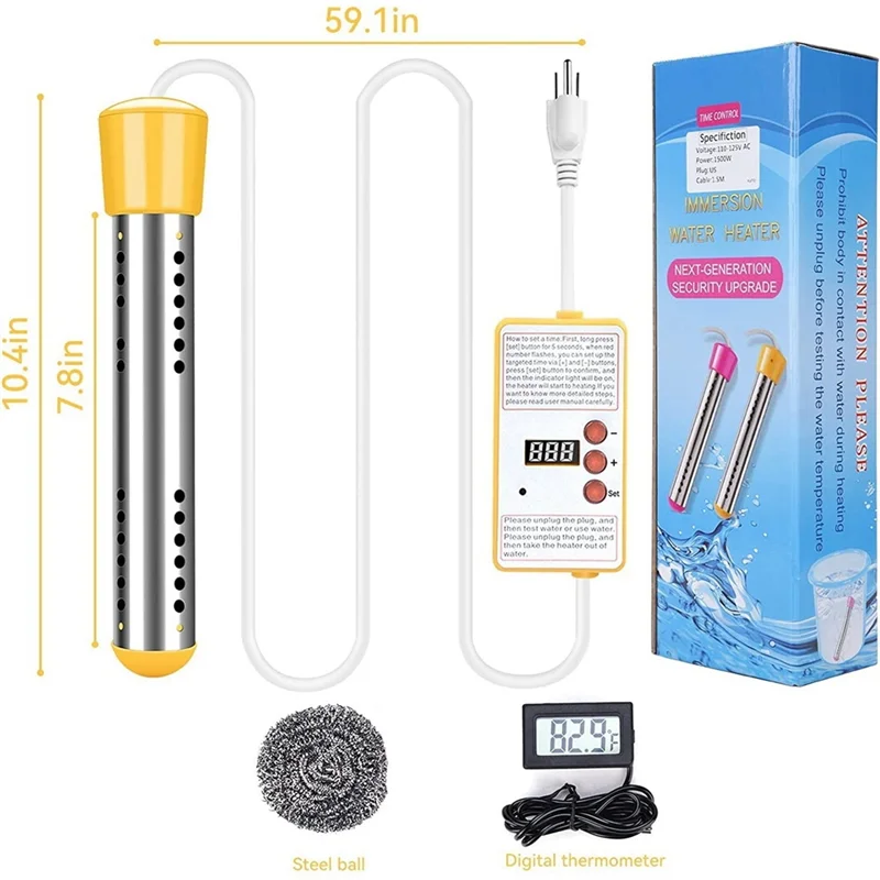 BFYL-Immersion Water Heater, 1500W Electric Submersible Water Heater with Timer, Stainless Steel Guard Cover EU Plug