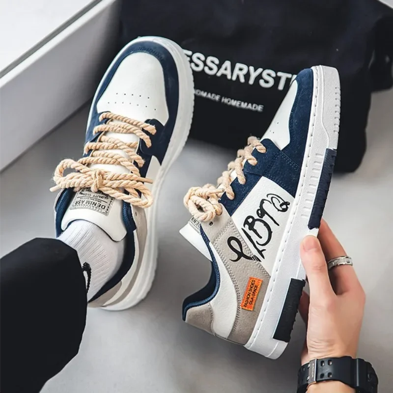 Flat Men Casual Shoes Printing Pattern Man Sneaker Vulcanized Tennis Shoes Student White Shoes New Weaving Lace-up Mens Trainers