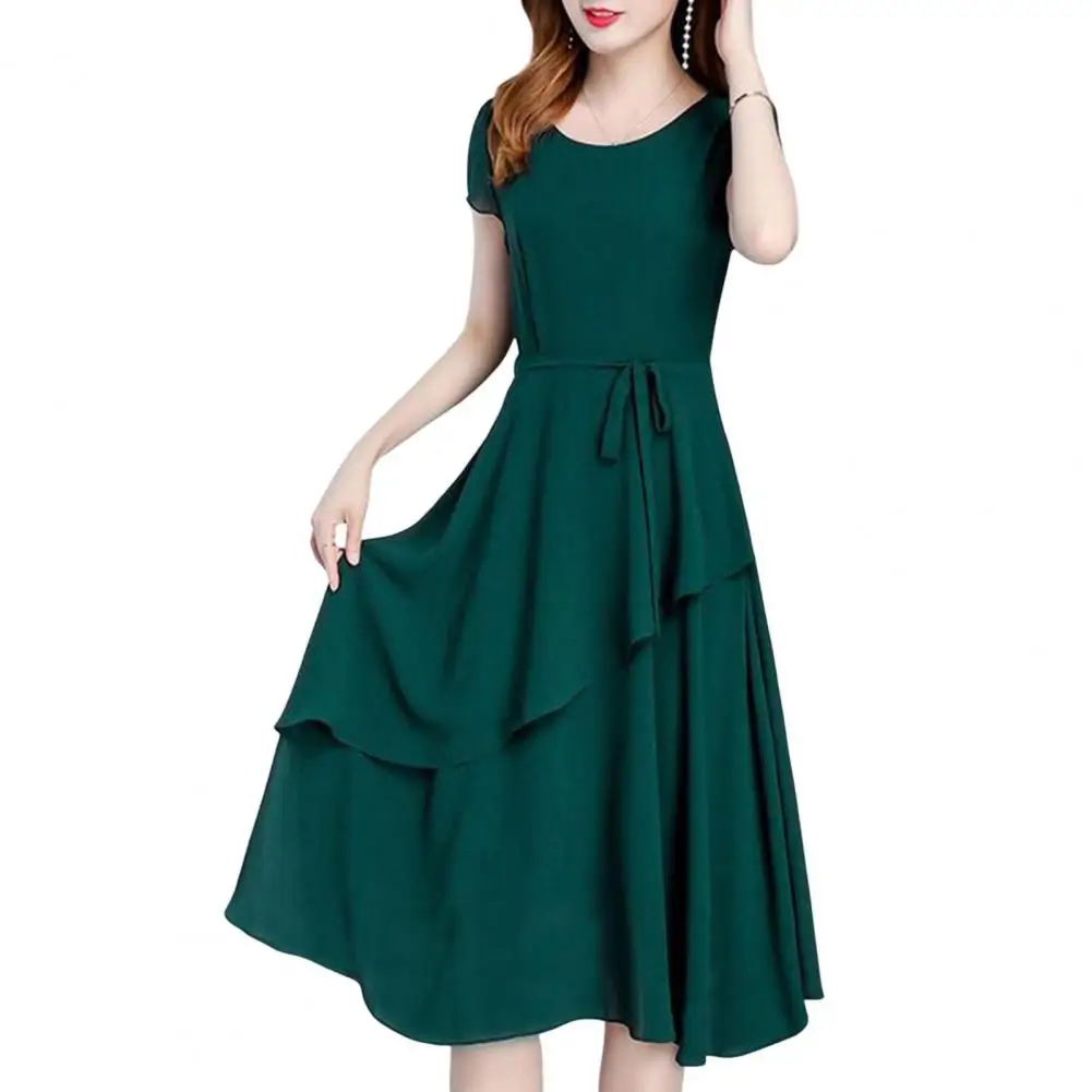 Vestido Midi com renda em linha A feminino, Manga curta, Streetwear com decote em O, Bainha em camadas, Coreano, Vestido Versátil, Elegante, Oversize