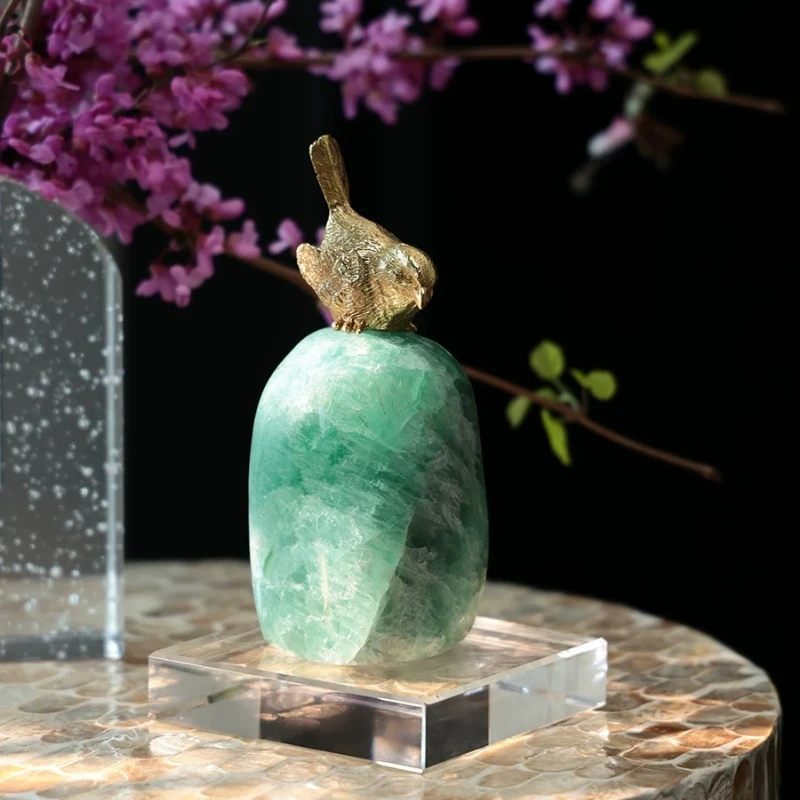 Natural Crystal Brass Bird Statue Desktop Ornament Fluorite Stone Art Decor for Living Room Bedroom Entryway Housewarming Gift