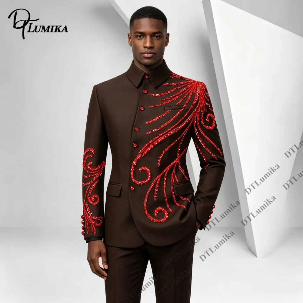 Stand Collar Men Formal Suit Red Rhinestone Swirl Embroidery Slim Fit 2 Piece Jacket Pants Tailored Tuxedo for Gala Wedding Prom