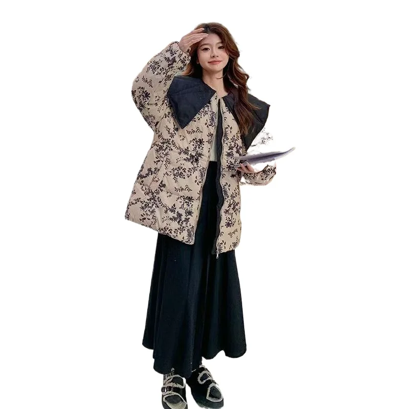 Jaqueta floral com gola Peter Pan para mulheres, novo estilo de inverno, comprimento médio, cintura definida, casaco fino na moda