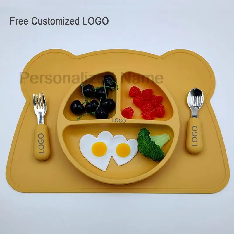 4PCS Baby Silicone Sucker Bowl Plate Cup Mat Spoon Fork Sets Children Non-slip Tableware Baby Feeding Dishes BPAFree Custom LOGO