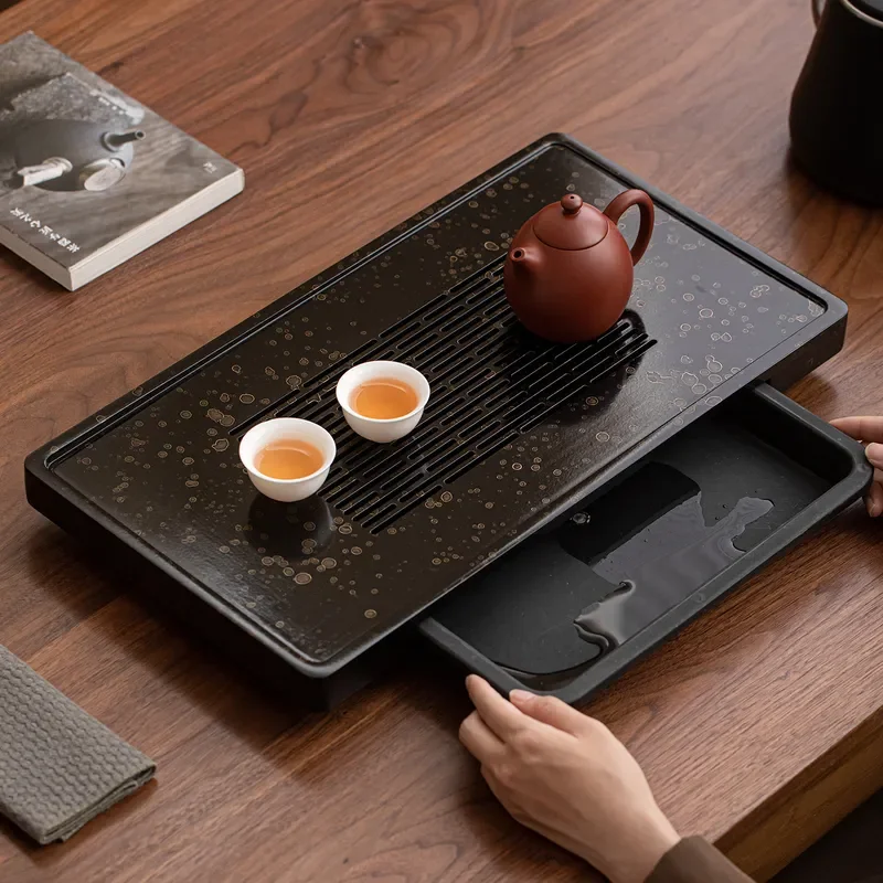 Black Gold Stone Tea Tray with Water Storage Drainage System Small Japanese Style Anti Scalding Kung Fu Tea Set for Hotel