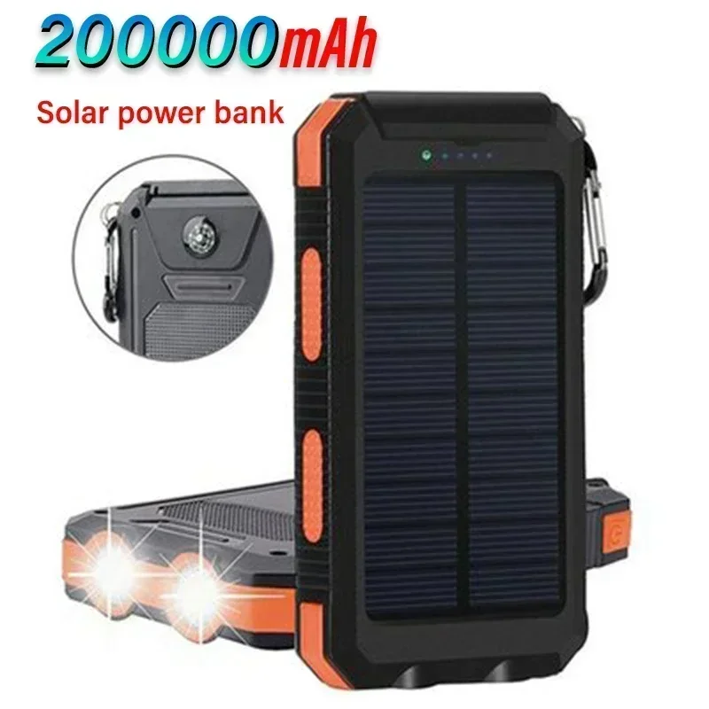 Solar Power Bank Super Large Capacity 200000mah Portable Waterproof Fast Charging External Battery Power Super Bright Flashlight