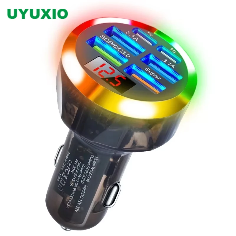 UYUXIO 투명 USB C 차량용 전화 충전기 6 in 1 초고속 충전(전압 디스플레이 포함) iPhone Samsung용 다채로운 빛