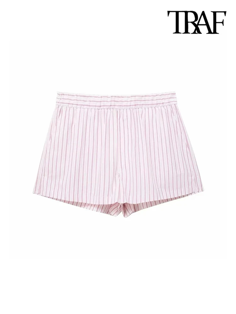 TRAF-Striped Patchwork Shorts for Women, Side Pockets, Vintage, Mid Elastic Waist, Split Hems, Female Short Pants, Chic Fashion