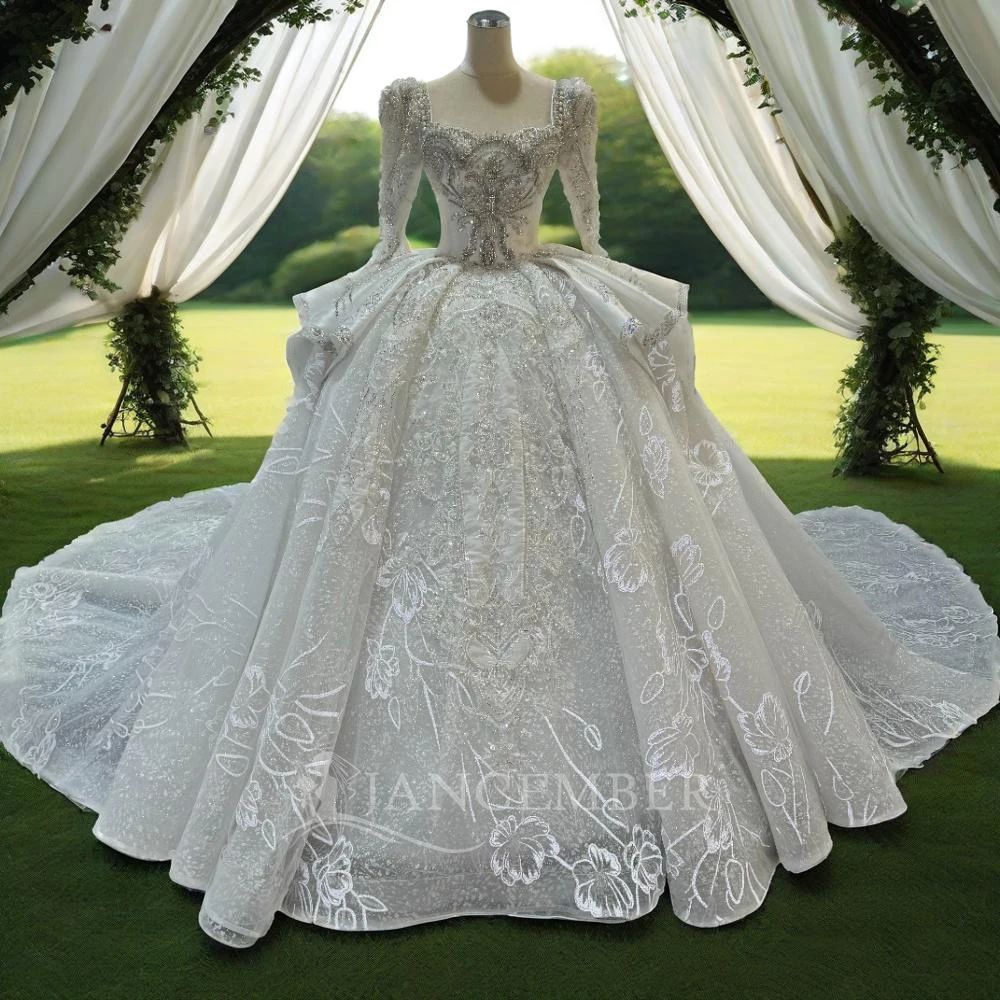 

Jancember Wedding Dresses 2025 For Women Square Collar Bridal Gowns Custom Full Sleevs Sequins Beaded Vestido de Novia MN235