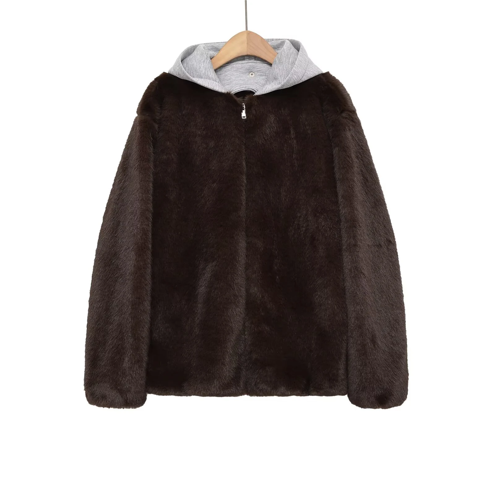 

2025 Winter New Fashionable Sweet Loose Splicing Artificial Fur Zipper Hooded Jacket for Women