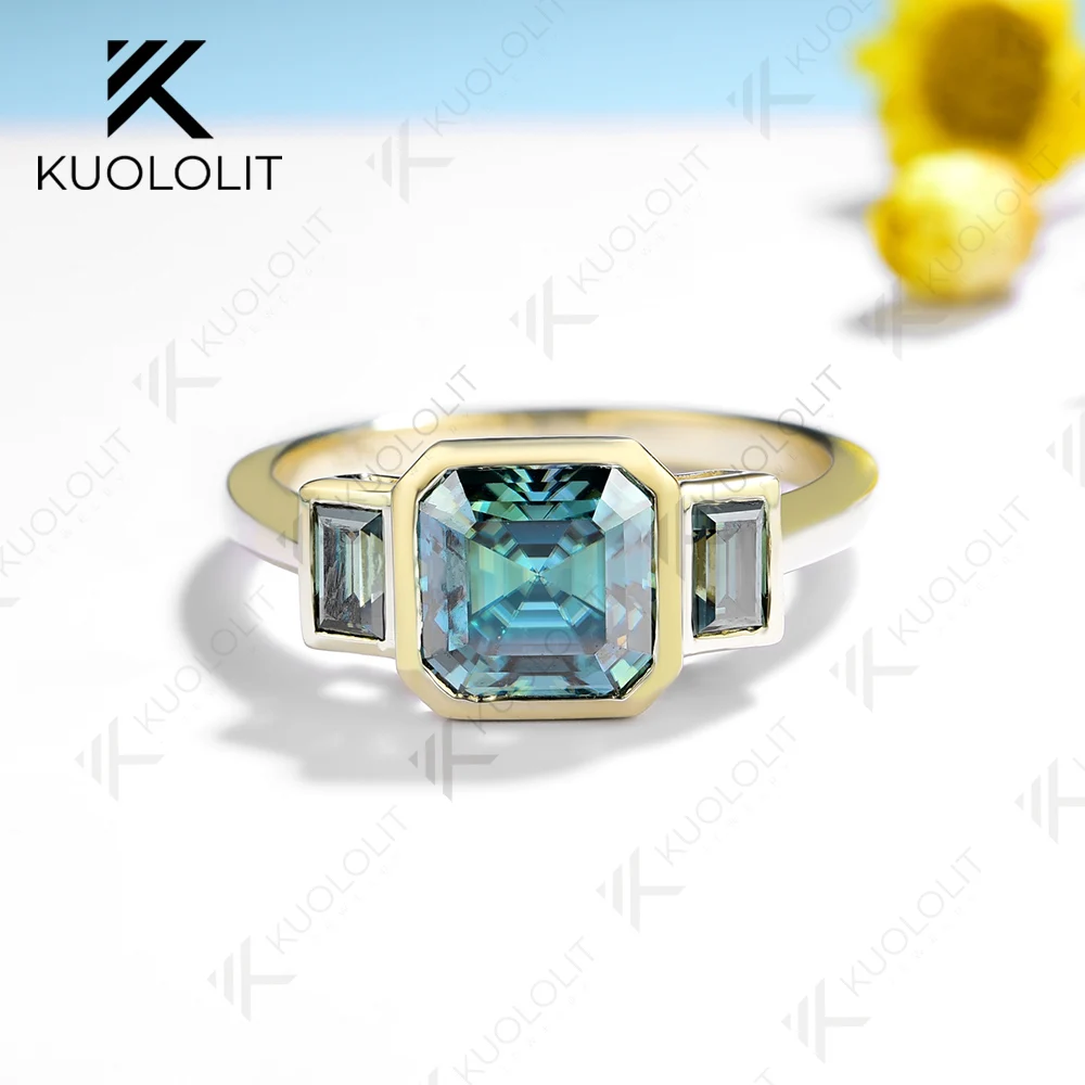 Anillos Kuololit de moissanita cian de 2 quilates para mujer, anillo Asscher de oro amarillo sólido de 14K 10K 585 para compromiso, aniversario de compromiso