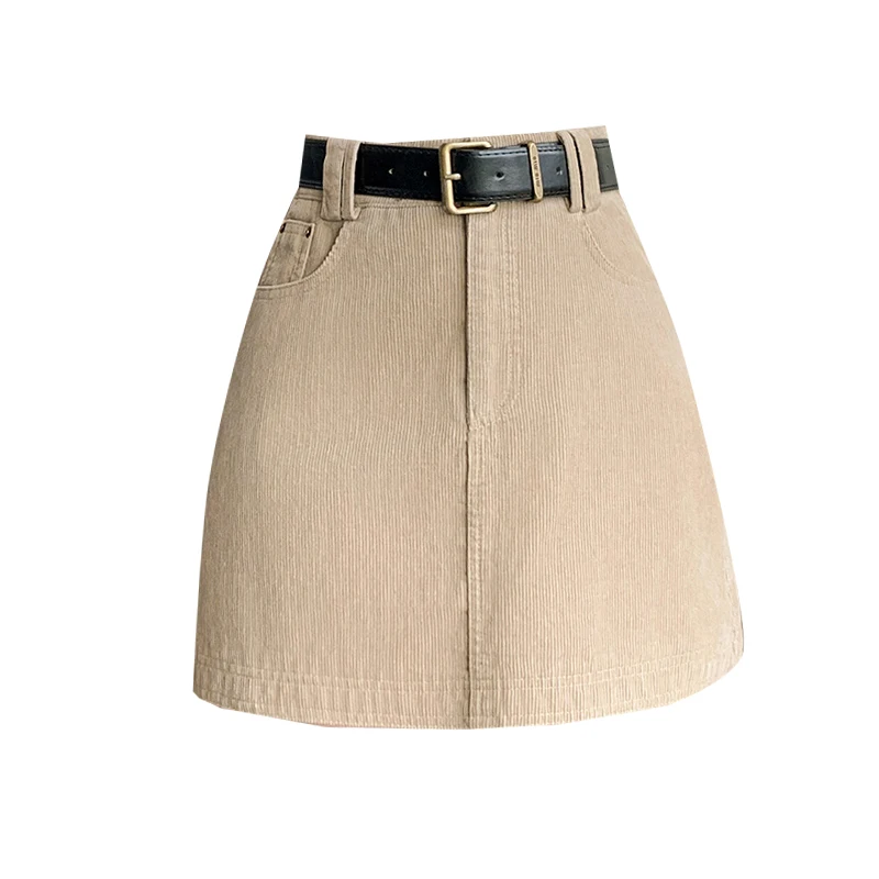 2025 Winter Corduroy Mini Skirt Women Vintage High Waist Wrap A-Line Skirts With Shorts Belt Streetwear Khaki Brown Black Faldas