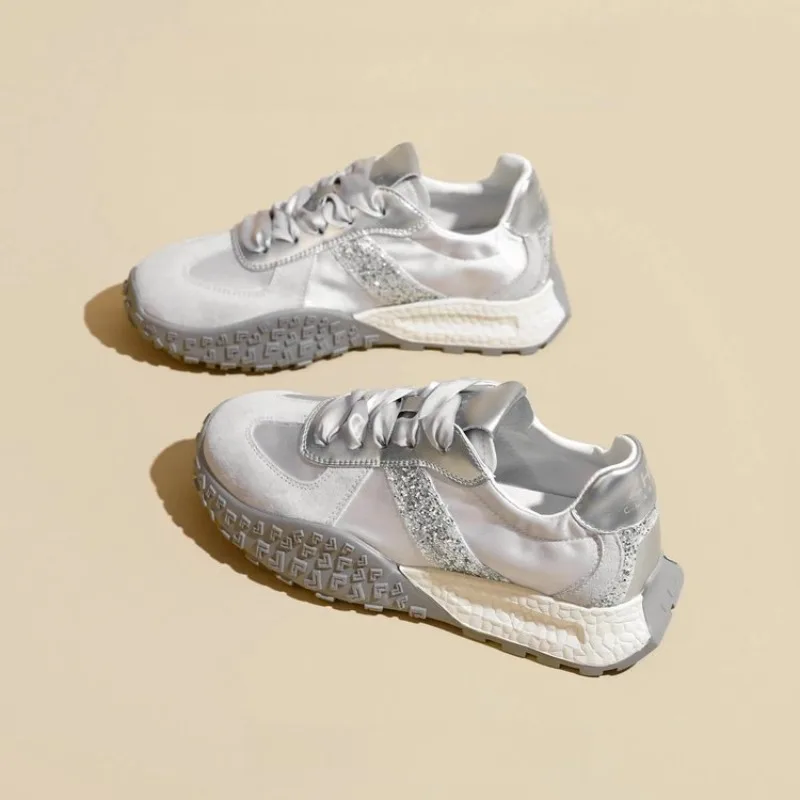 Silver Thick Bottom Heightening Sports Shoes Versatile Casual Sneakers Adult Unisex Mesh Inner Material Rubber Sole