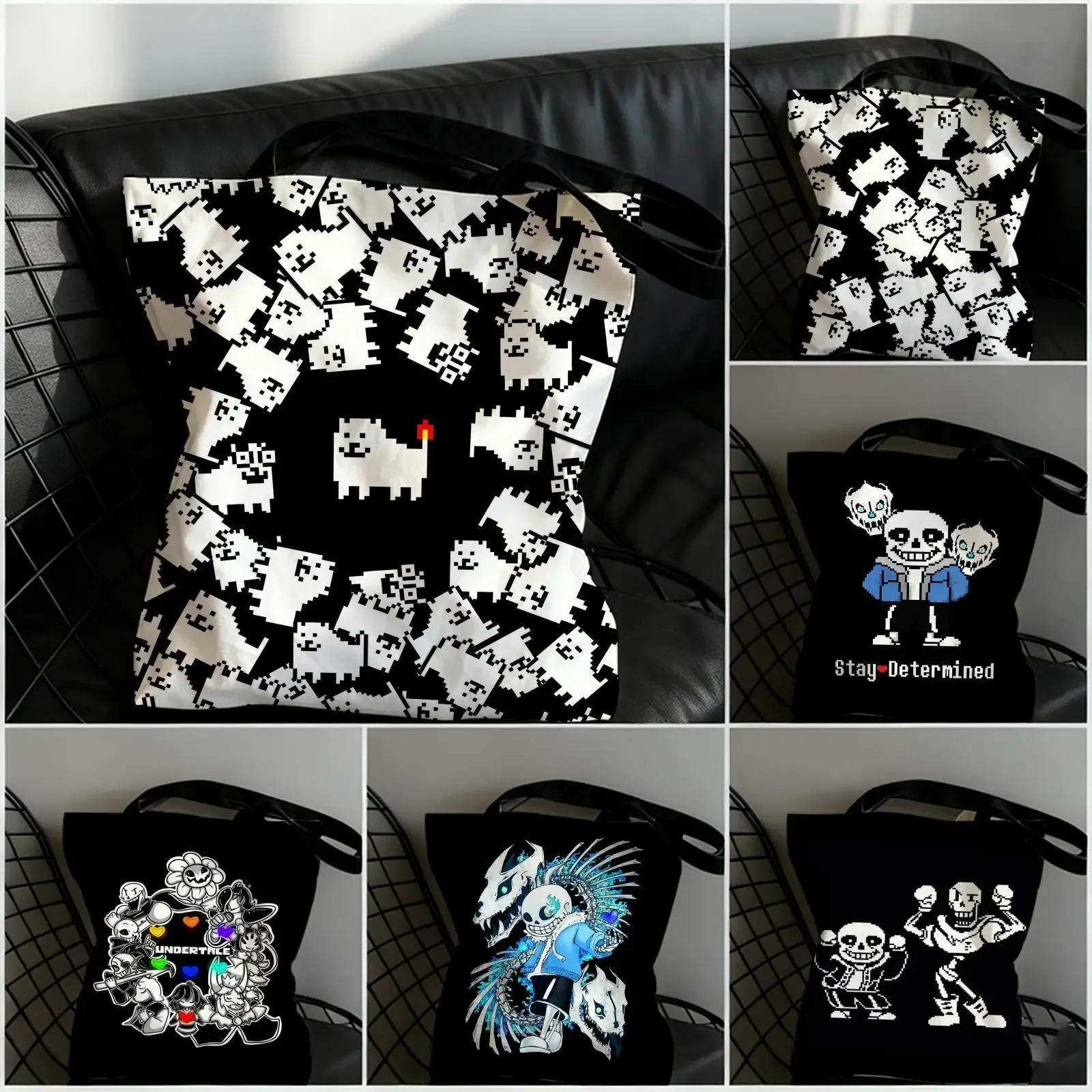 Anime U-UndertaleS Storage Bags Large Capacity Canvas Tote Bag Double-Sided Print Shoulder Handbag for Daily Shopping