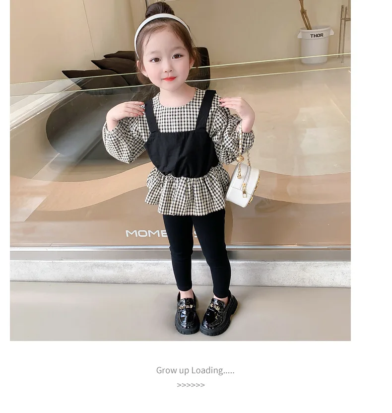 Girls\' spring autumn clothes 2023 new children\'s long-sleeved plaid fake two-piece shirts + leggings two-piece suit