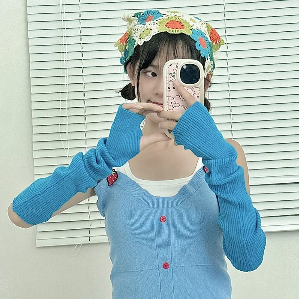 

Elastic Dopamine Color Arm Warmers Solid Color Korean Style Knitted Warm Sleeves Sweet Long Mittens Fingerless Gloves JK
