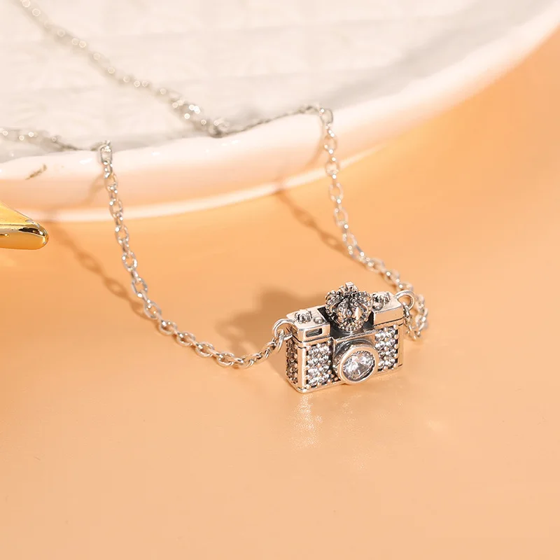 

Pure silver necklace for women S925 vintage Thai silver personalized camera collarbone chain Korean silver set chain