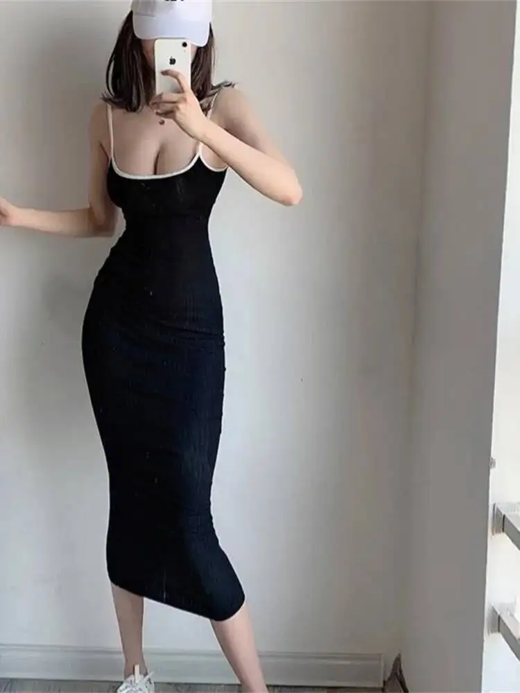 WOMENGAGA Base invernale Tinta unita Cuciture elastiche strette Petto basso Vacanza sexy Slim Hip Show Abiti lunghi sottili a matita Abito 4W