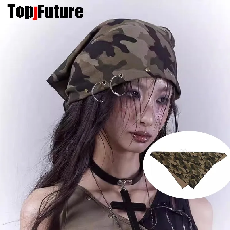 

Women Men Pentagram Steampunk rivet Workwear camouflage scarf Punk Y2K Girl Triangular Bandage Gothic Versatile