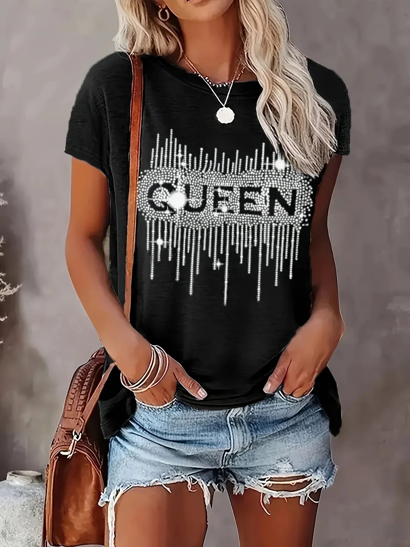 New Women's 1XL-8XL Plus Size Letter Retro Printed Black T-shirt Women's Summer Casual Loose Comfortable Top