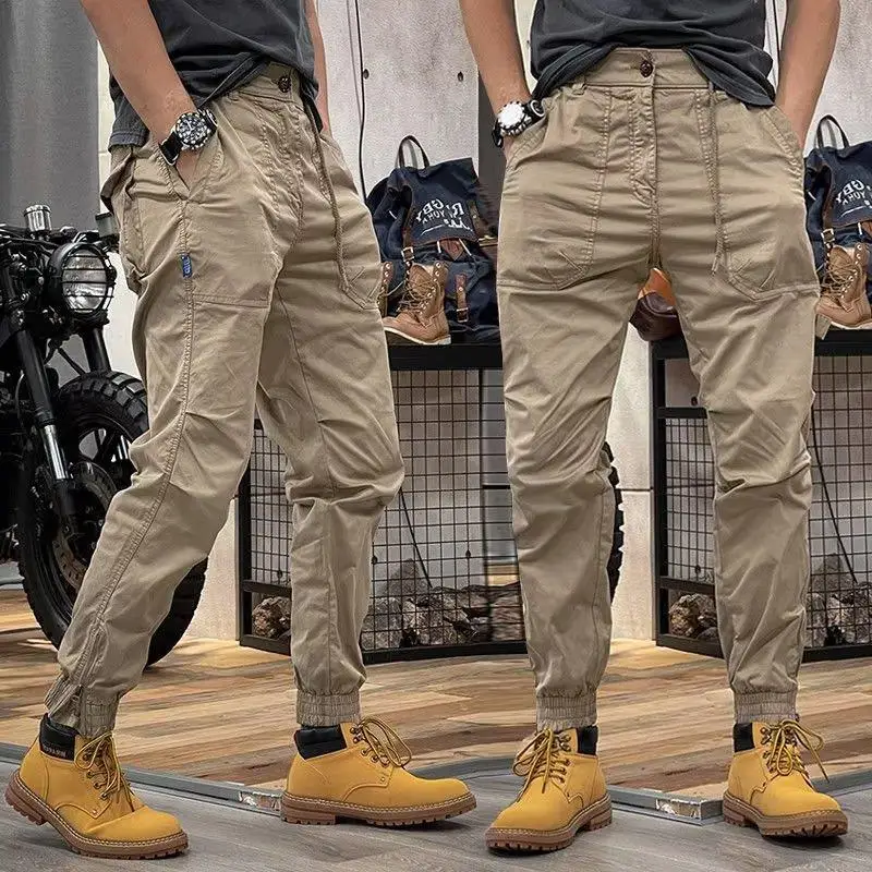 

New Men's Fashion Elastic Waist Tie Feet Cargo Pants Casual Zipper Pocket Drawstring Streetwear Trousers